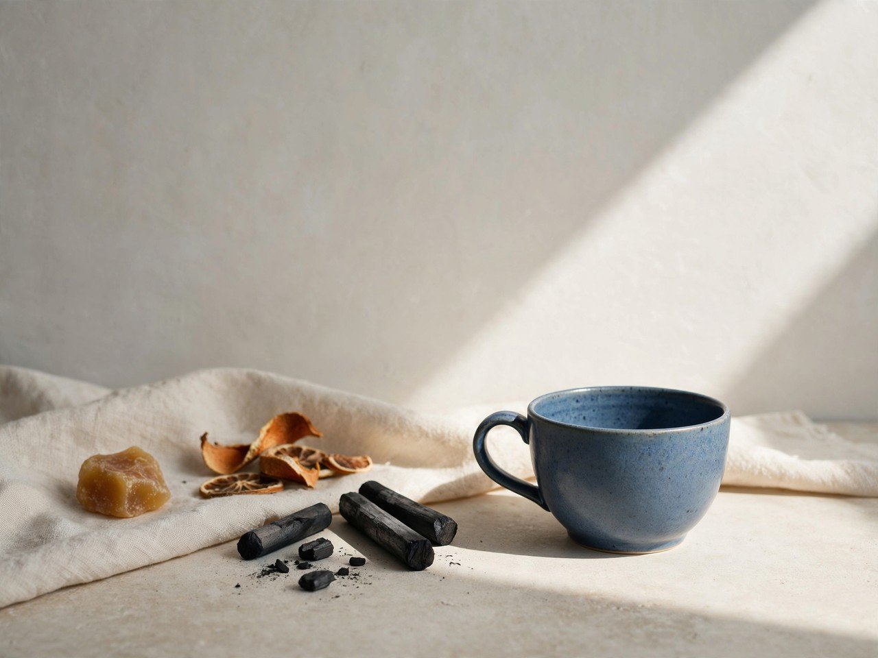 Blue cup catching a band of daylight