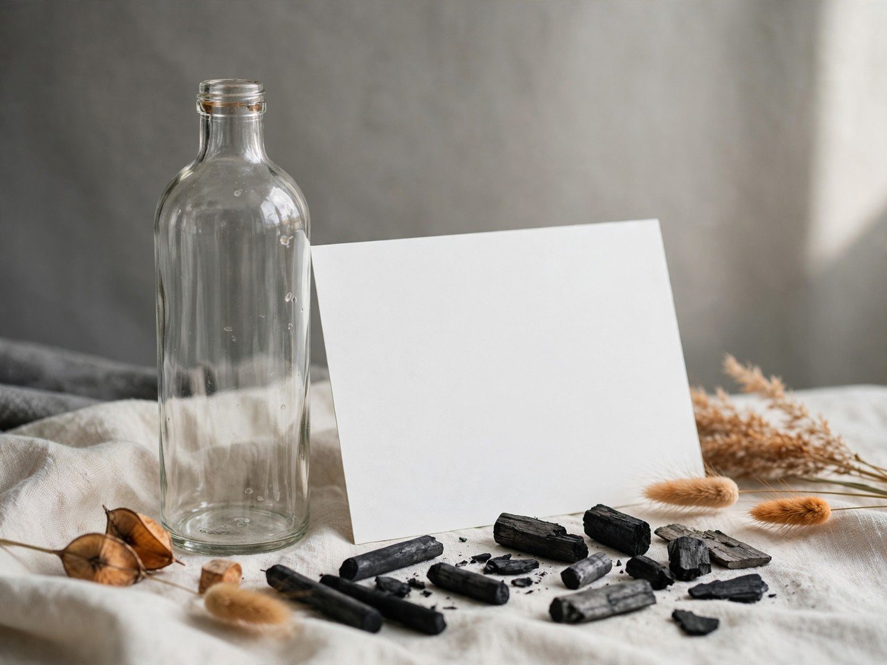 Glass bottle beside a white reflector card