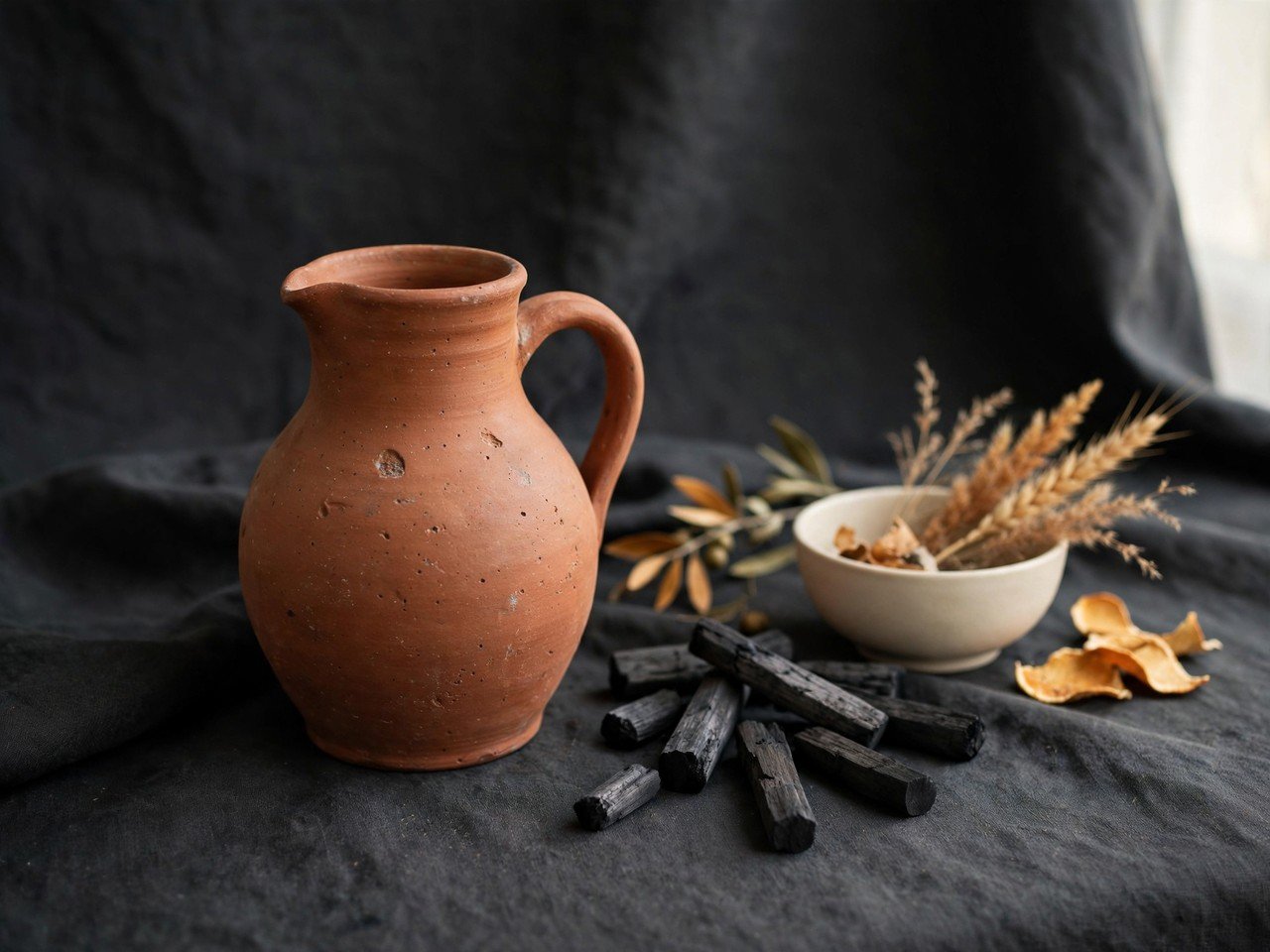 Terracotta pitcher in directional light