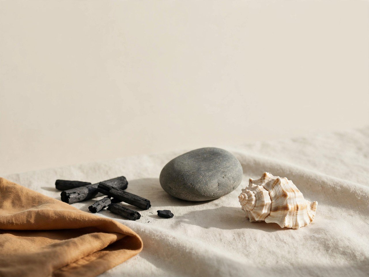 Seashell and smooth stone with side lighting