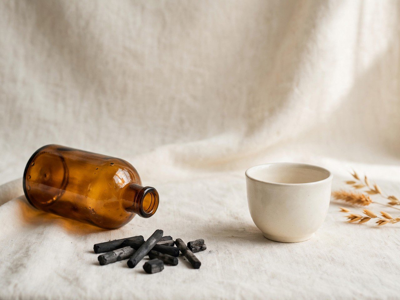 Cup and amber bottle with separate silhouettes
